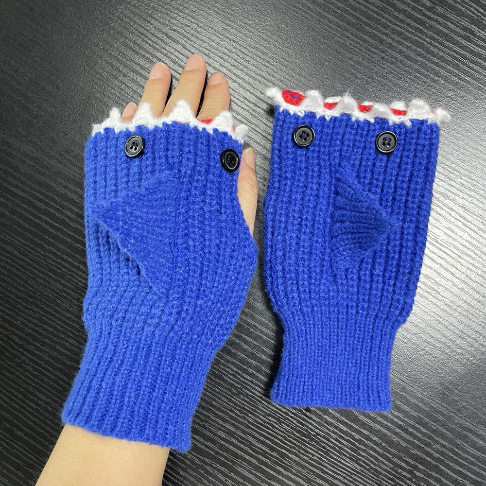 New Cartoon Grey Shark Warm Half Finger Knitted Gloves