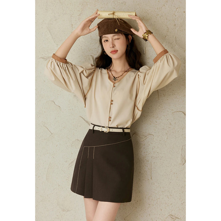 French Retro V-neck Lantern Sleeve Casual Shirt for Women