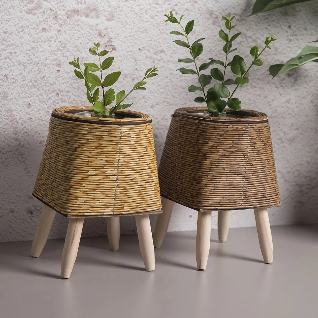 Vintage Imitation Rattan Flower Stand with Wooden Legs