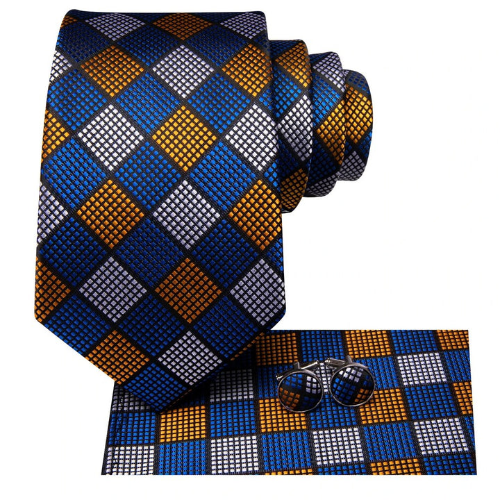 Blue & Gold Plaid Silk Necktie Set for Men