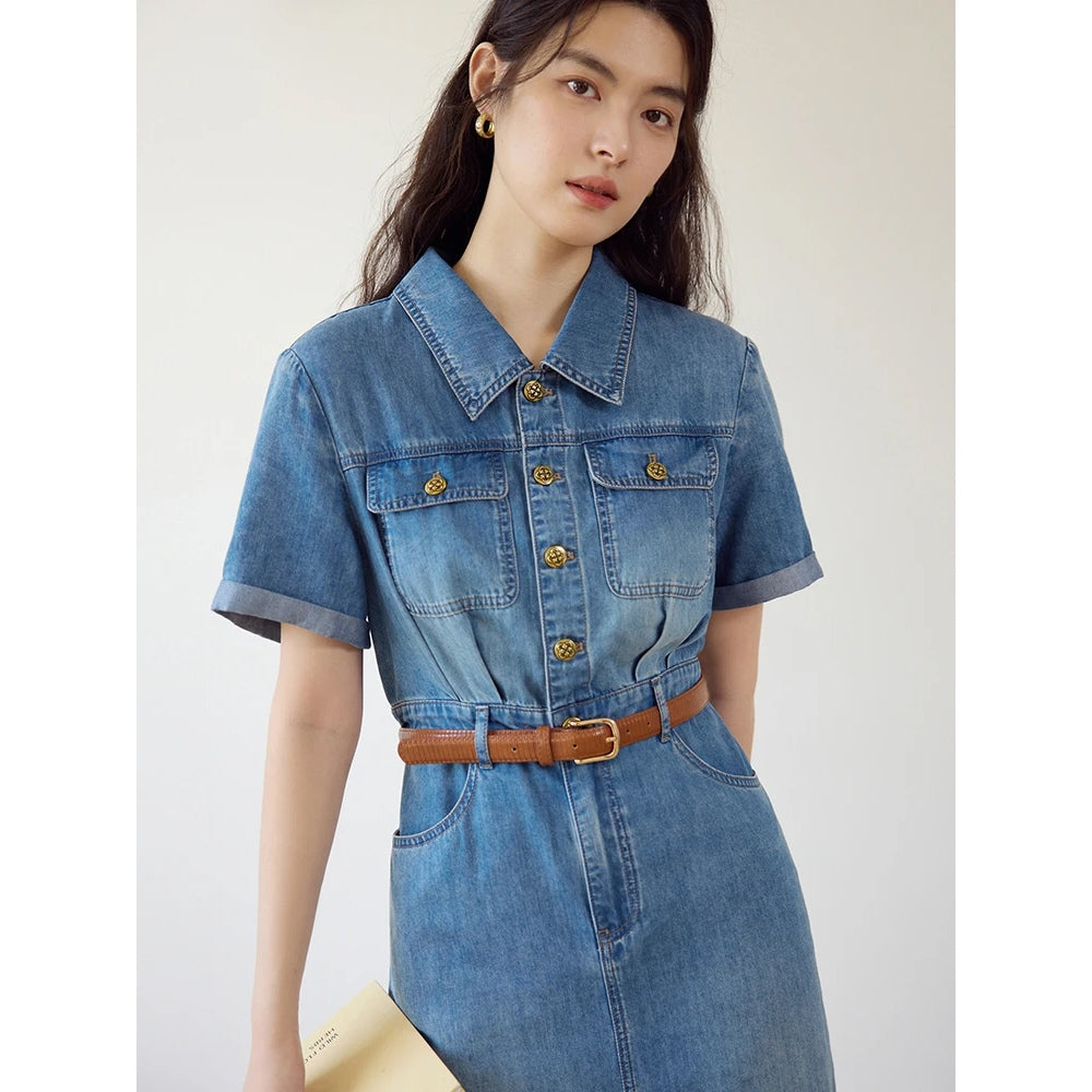 Denim Blue Polo Neck Short Sleeve Shirt Dress