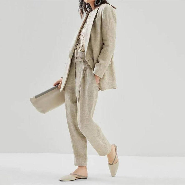 Elegant Cotton Linen Women's Blazer and Pants Set