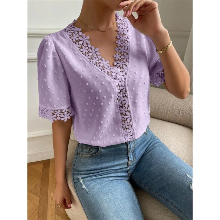 Floral Lace Short Sleeve Shirt Summer Fashion V-Neck Tops Women's Clothing