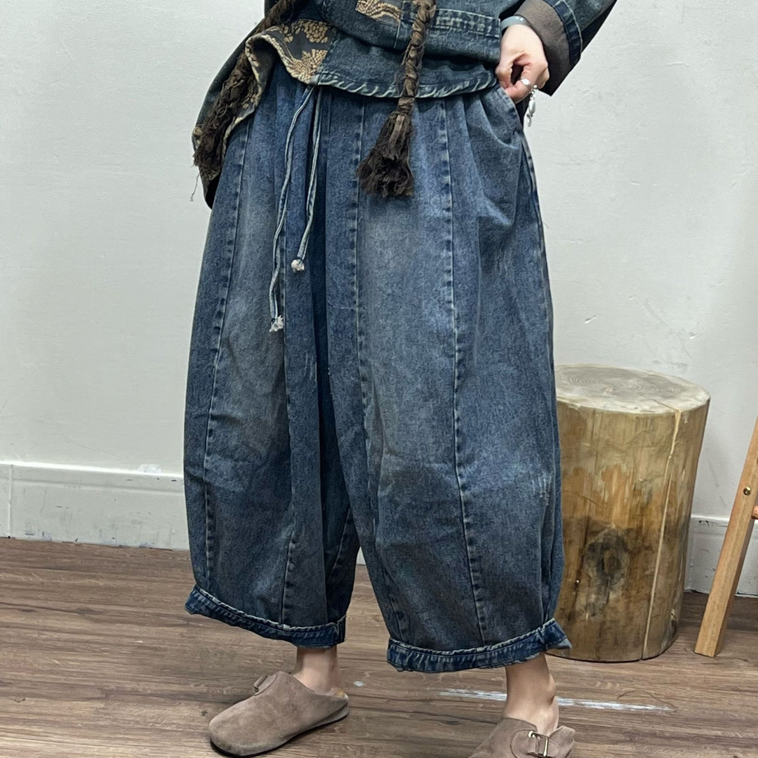 Women's Large Size Retro Denim Elastic Wide-leg Pants