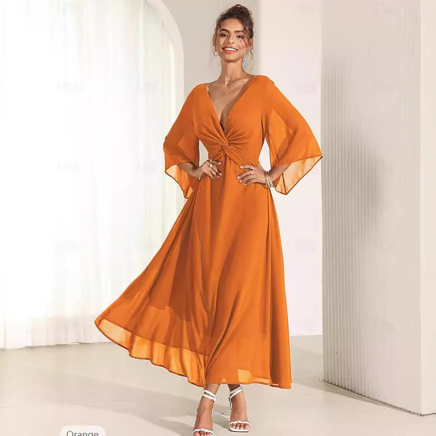 Solid Color V-neck Bell Sleeve Extra Long Dress