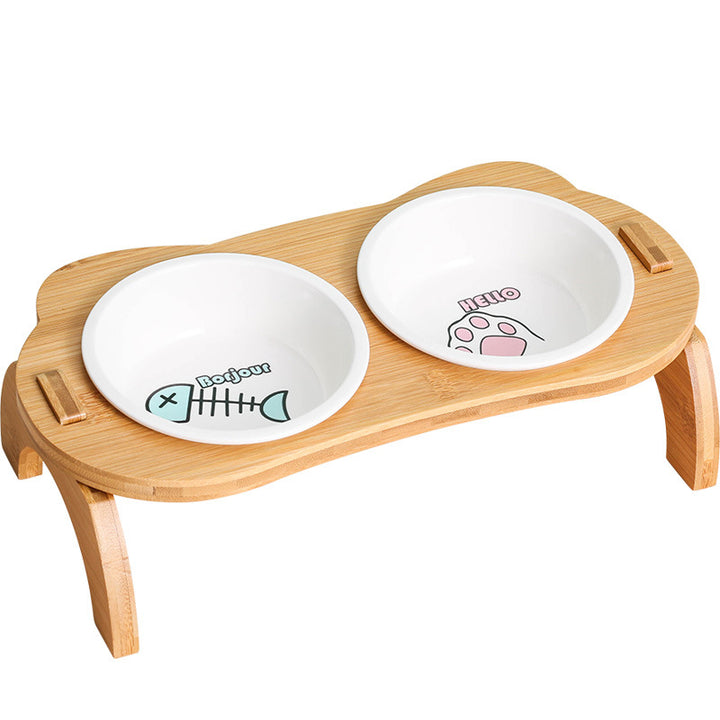 Elevated Bamboo Double Cat and Dog Bowls with Anti-Leak Design