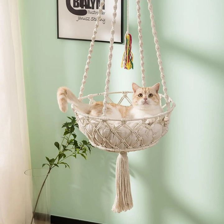 Bohemian Style Cotton Rope Cat Hammock with Tassel and Toy