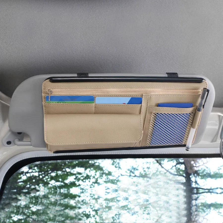 Leather Car Sun Visor Storage Organizer with Sunglasses & Card Holder