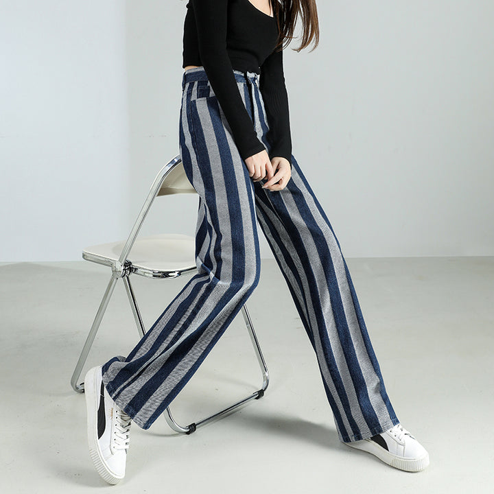 High Waist Vintage Stripe Print Cotton Jeans