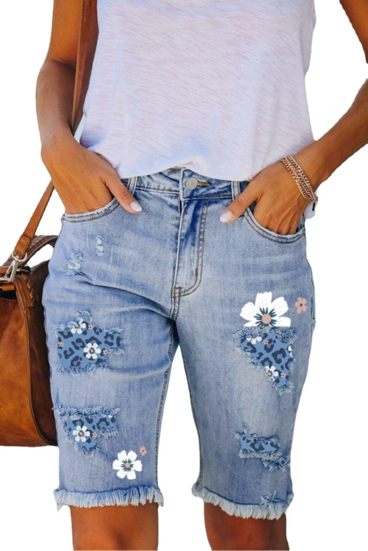 Women's Ripped Print Denim Shorts