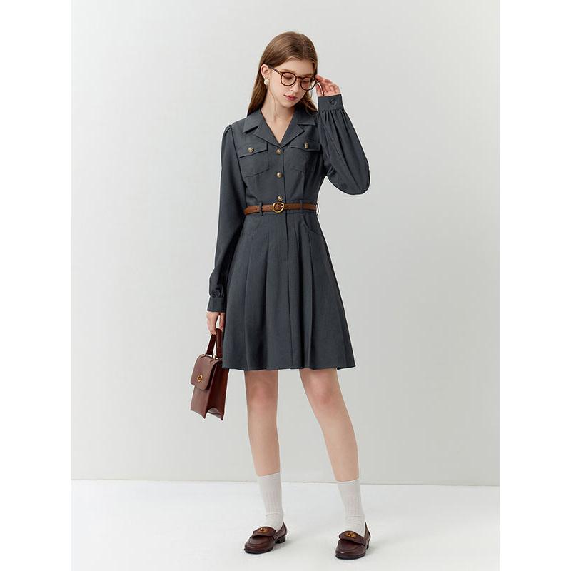 Elegant Grey Office Lady Belted Suit Dress