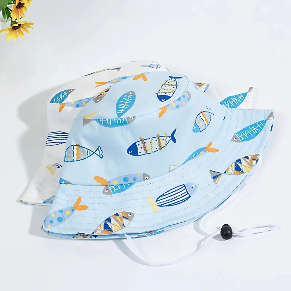 Cute Cartoon Cotton Baby Bucket Hat with Drawstring