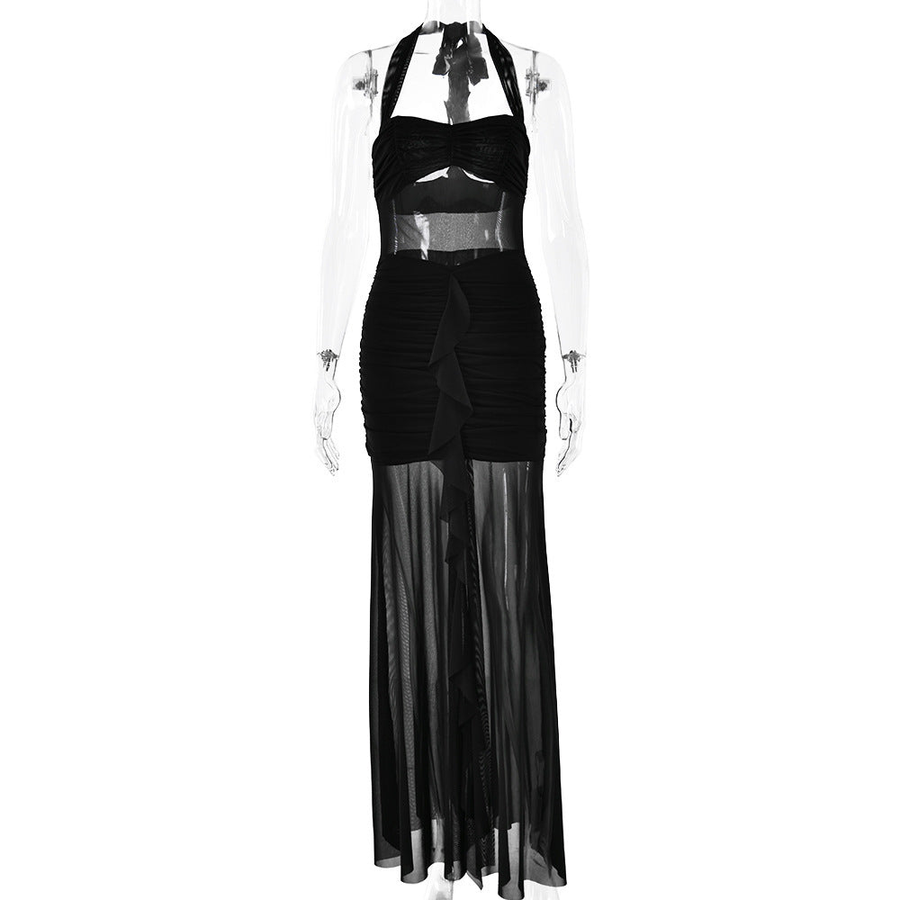 Halter Stitching Sleeveless Pleated Backless Slim Fit Dress