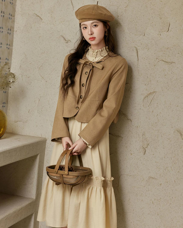 Elegant French Stand Neck A-Line Dress with Elastic Sleeves for Autumn