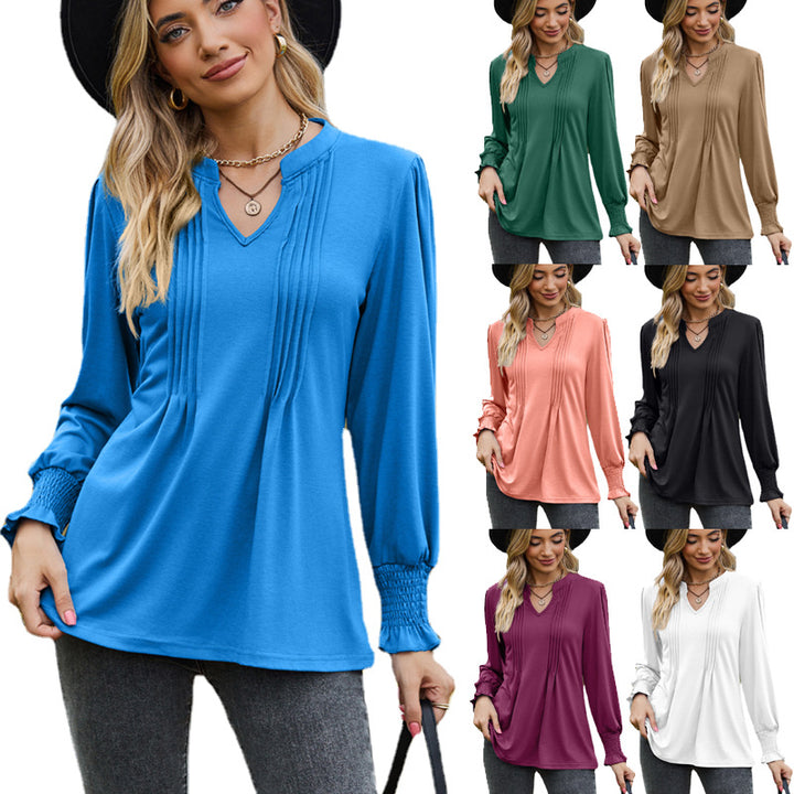 Women's Solid Color Striped Puff Sleeve V-neck Smocking Long Sleeve Top