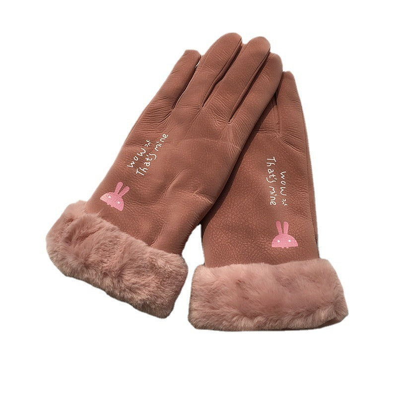 Autumn And Winter Women's Riding Gloves Korean Style Alphabet Cartoon Warm Double Layer Fleece-lined