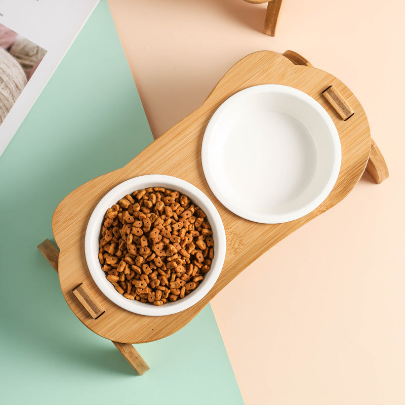 Elevated Bamboo Double Cat and Dog Bowls with Anti-Leak Design