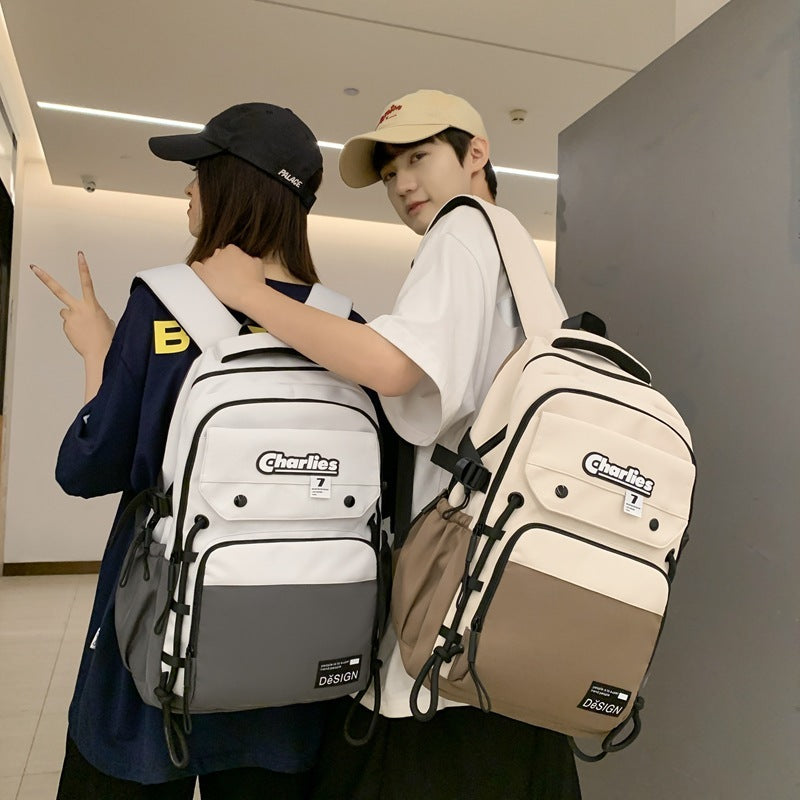 Large Capacity Men's Contrast Color Double Fashion Cool College Student Couple Backpack