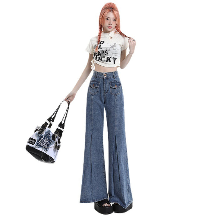 High Waist Double Buckle Stitching Wide Leg Skinny Jeans For Women