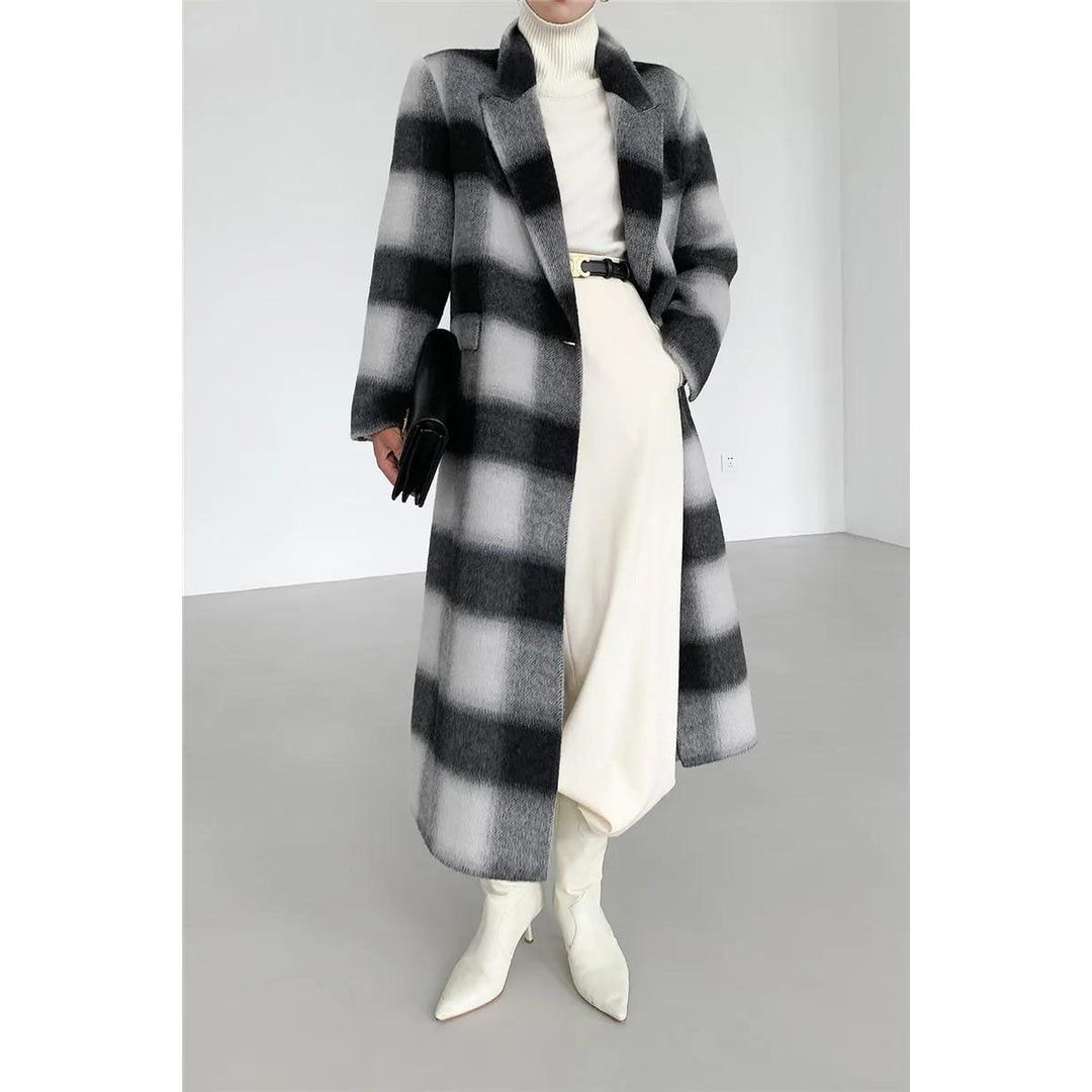 Elegant Plaid Double Breasted Long Woolen Coat for Women