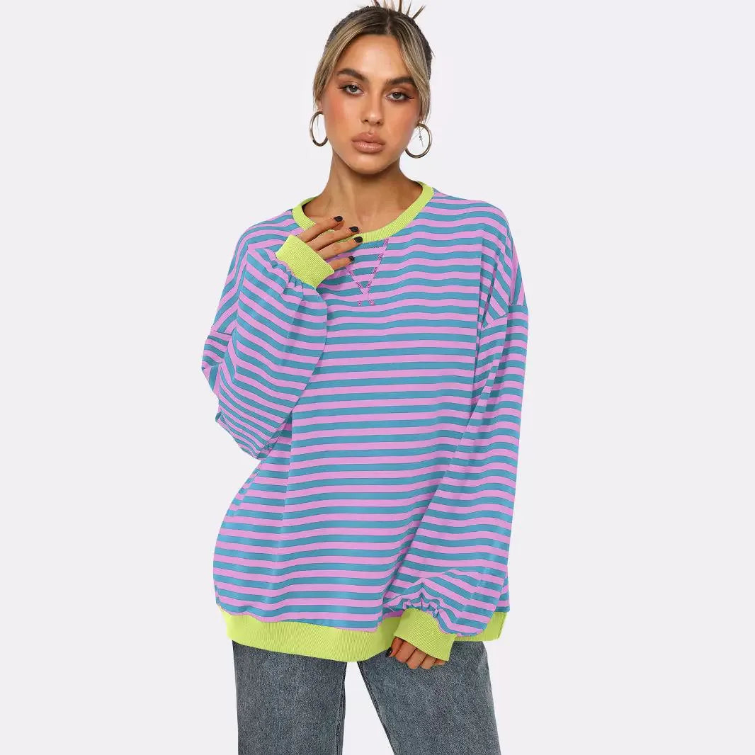 Women's Patchwork Striped Loose Sweatshirt - Autumn Fashion Casual Pullover