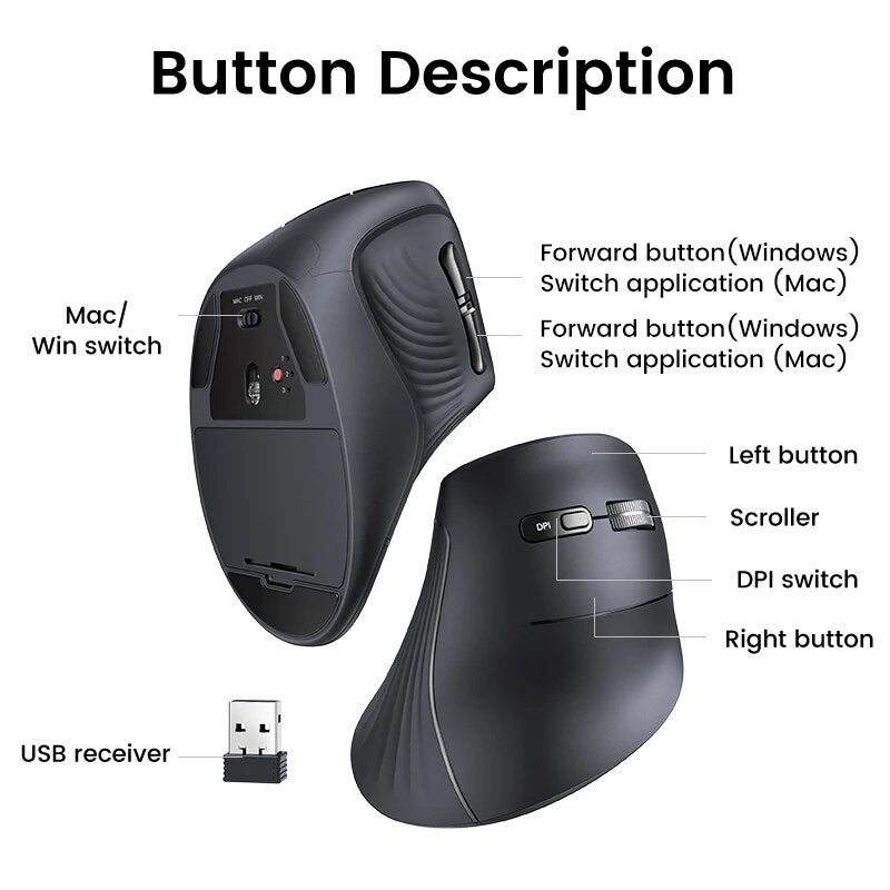 Ergonomic Vertical Wireless Mouse 4000DPI with Bluetooth & 2.4G, 6 Silent Buttons