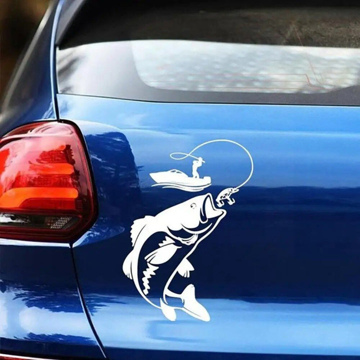 Reflective Fisherman & Fish Boat Car Decal - Waterproof PVC Vehicle Sticker