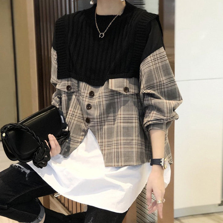 New Loose Shirt Splicing Knitwear Women Fake Two Pieces Western Style Shirt