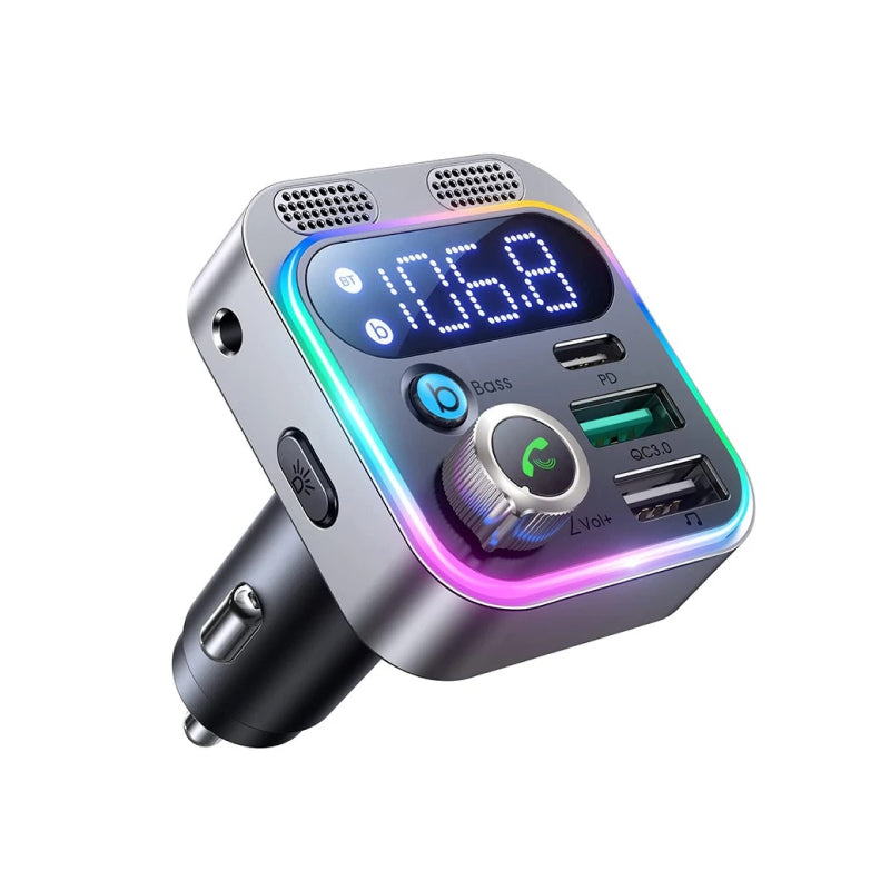 Bluetooth 5.3 FM Transmitter with Dual Mics & Deep Bass