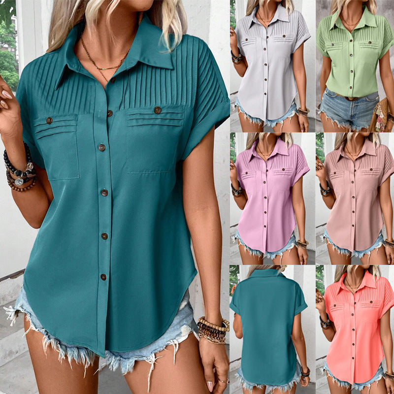 Lapel Shoulder Pleated Pocket Short Sleeve Top ShirtT-shirt Women