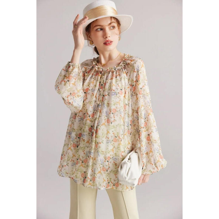 Floral Ruffle Silk-Blend Casual Blouse