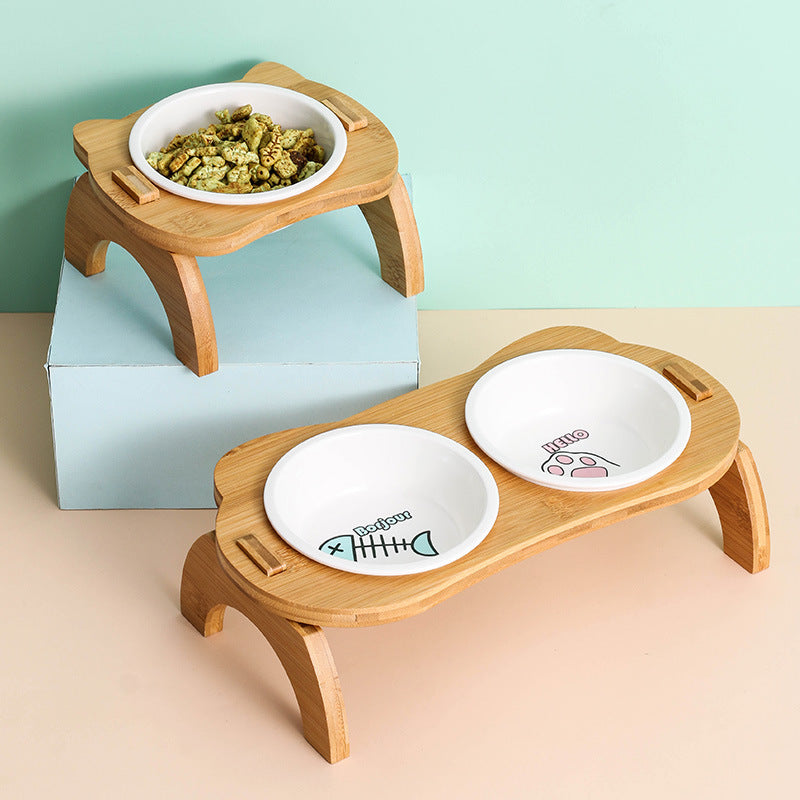 Elevated Bamboo Double Cat and Dog Bowls with Anti-Leak Design