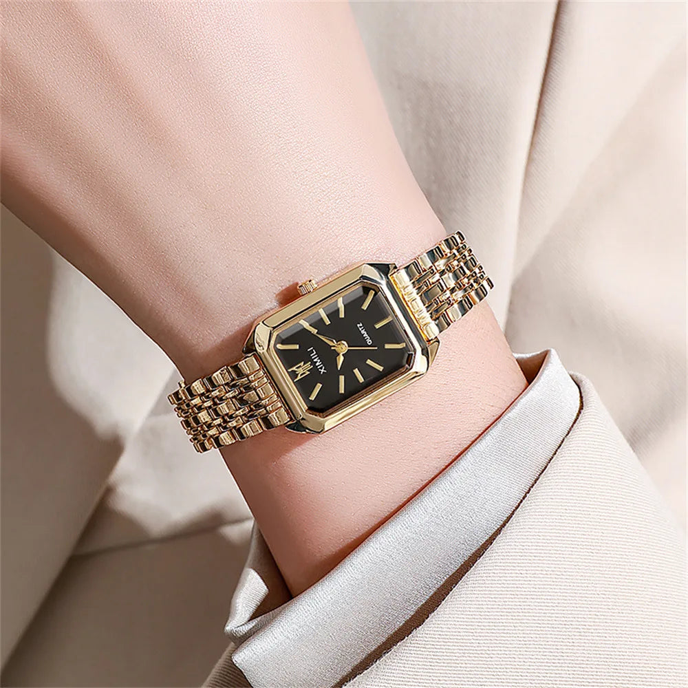 Elegant Women's Square Watch with Gold Alloy Strap