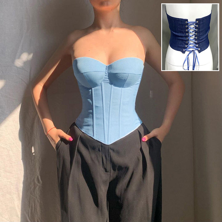 Y2K Denim Tube Vest Top With Back-tied Design INS Fashion Crop Corset Tank For Women Clothing