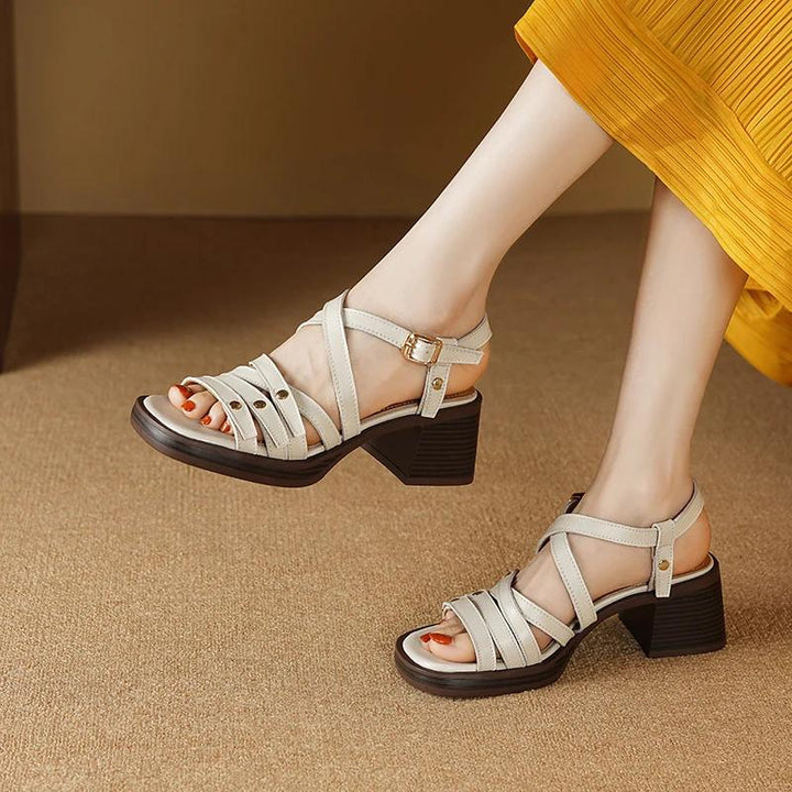 Open Toe Chunky Heel Leather Sandals