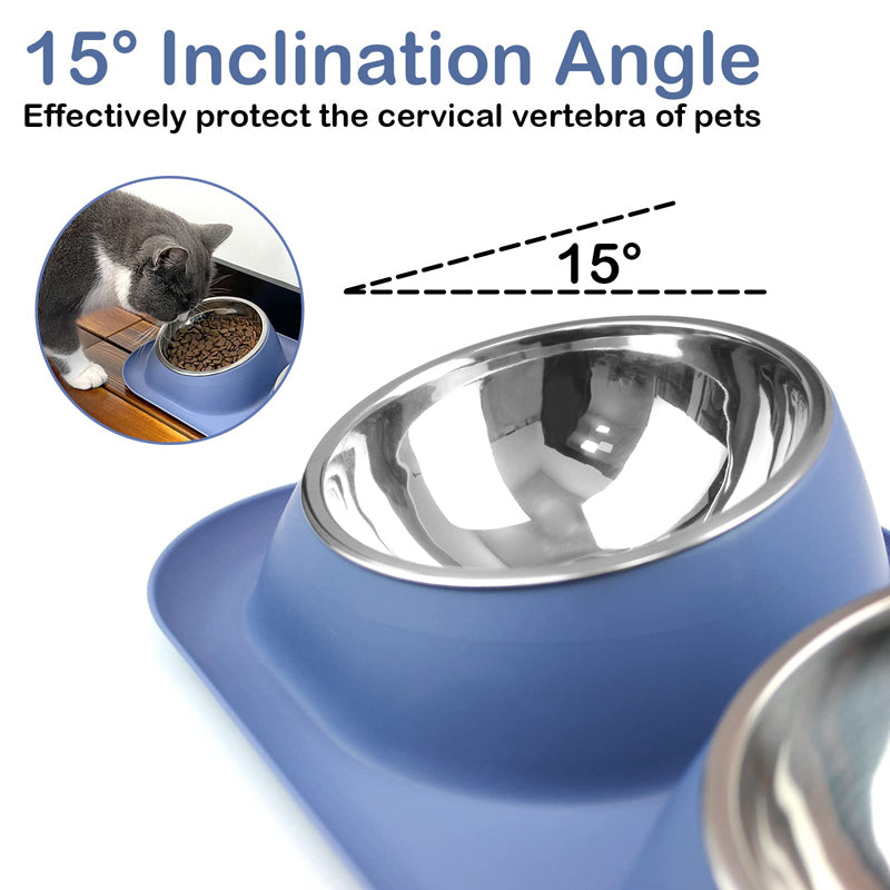 Stainless Steel Tilted Double Dog Bowl - Anti-Skid, No Spill, Removable Feeding Bowls for Cats and Dogs