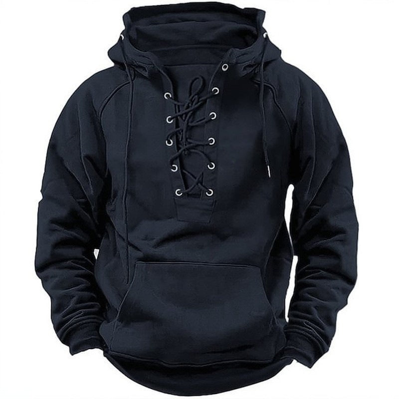 Men's Outdoor Retro Lace-up Hooded Long-sleeved T-shirt Casual Top