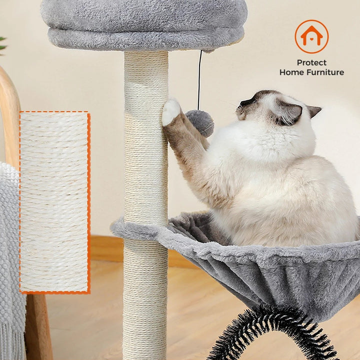 Compact Cat Tree Tower with Hammock, Scratching Post, and Plush Basket