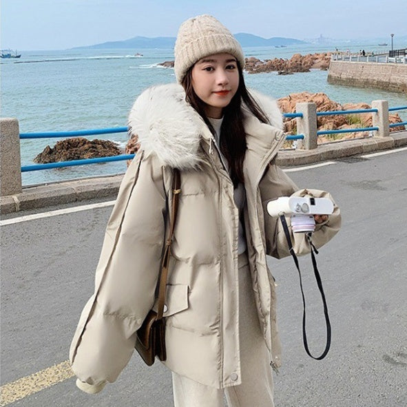 Women's Hooded Solid Color Casual Big Fur Collar Cotton Jacket