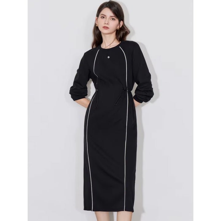 Sports Contrasting Color Pullover Dress with Drawstring Belt