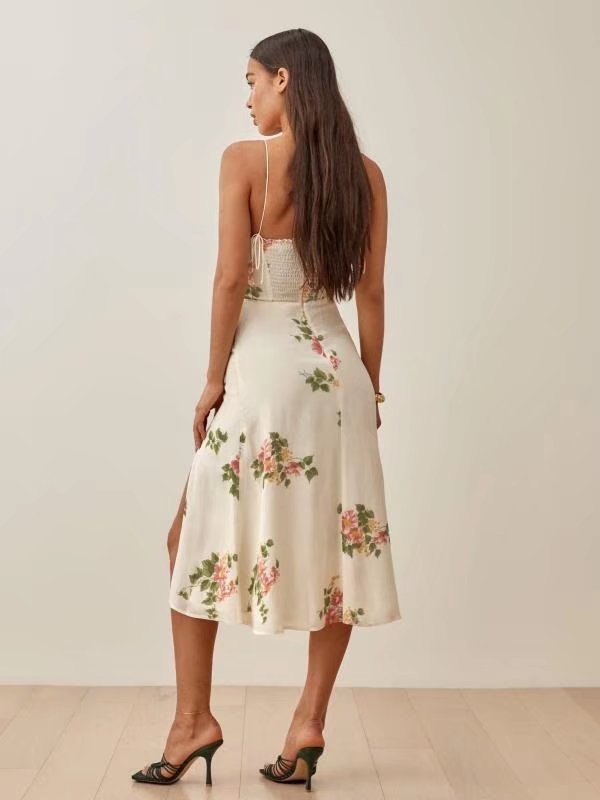 High Waist Slim Fit Strap Type Temperament Commute Flower Printing Slip Dress