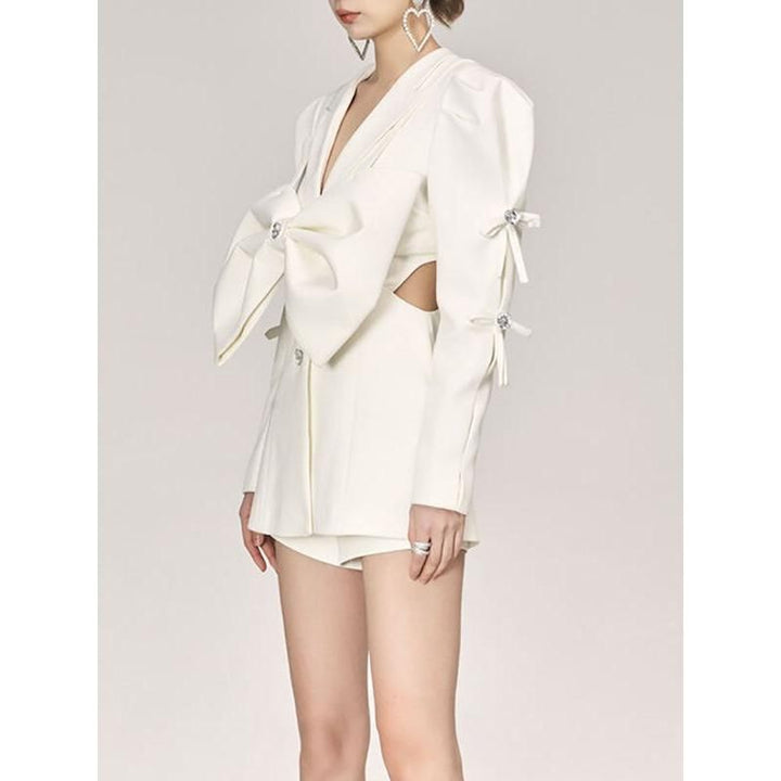 Fashion Women's White Blazer with Diamond Bow