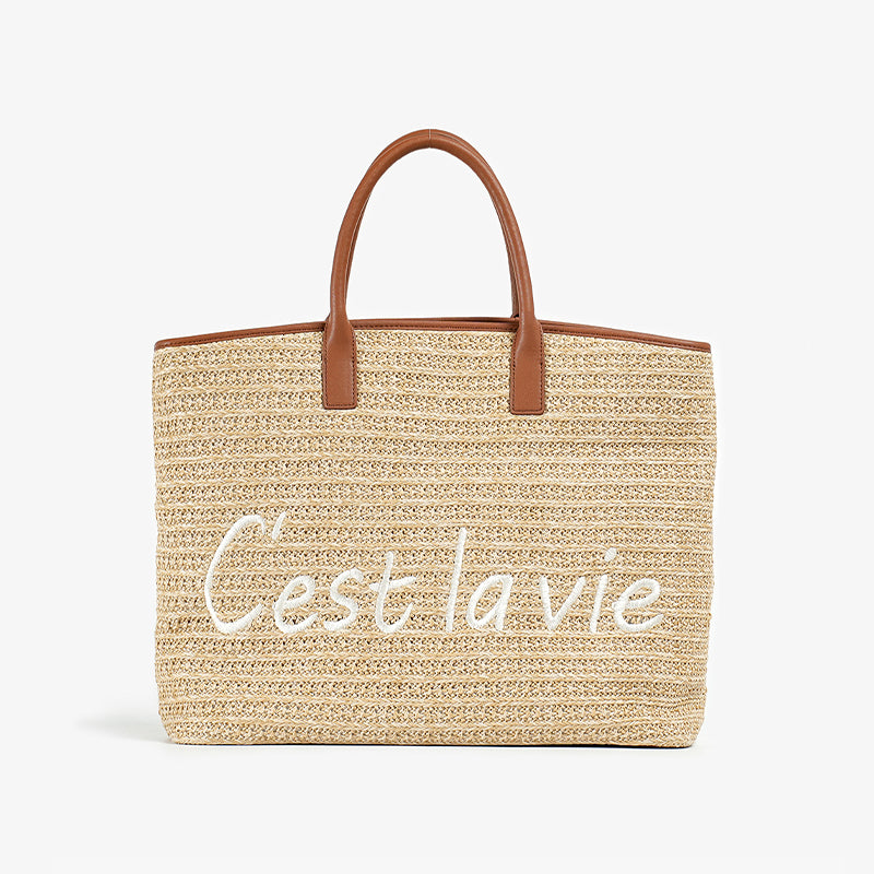 Casual Straw Tote Bag with Letter Decoration for Women