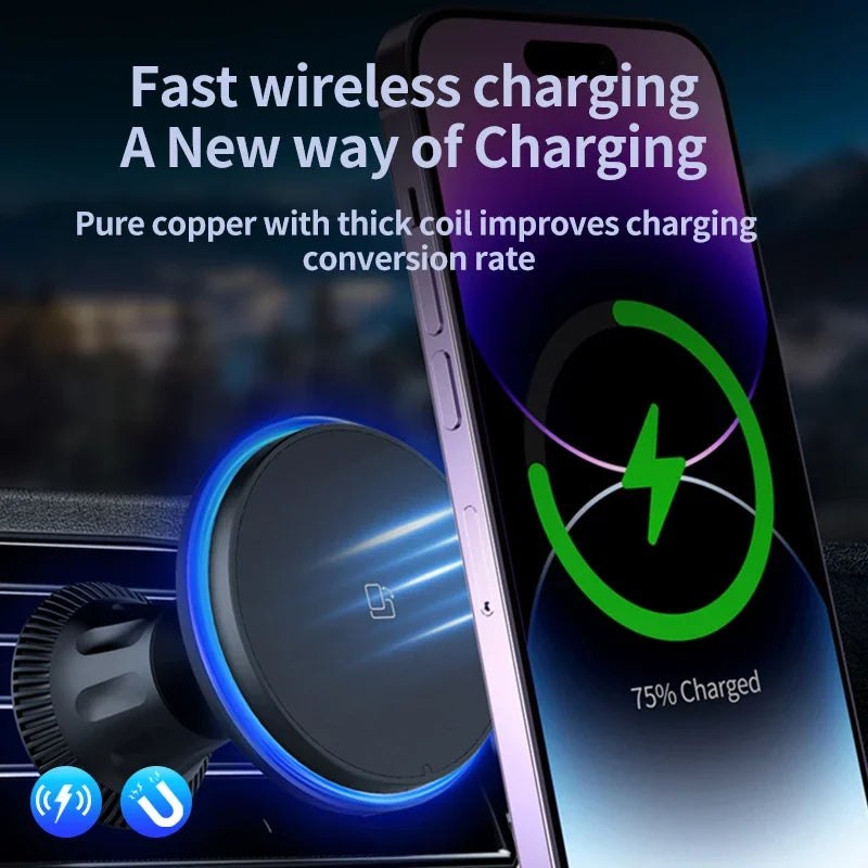 15W Strong Magnetic Car Wireless Charger with RGB Light for iPhone Car Phone Holder Air Vent Stand Fast Charging Dock Station