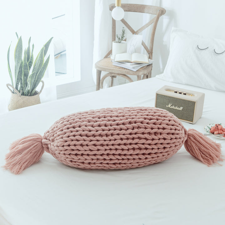 Cute Candy Shape Chunky Knit Pillow with Kawaii Tassel Design