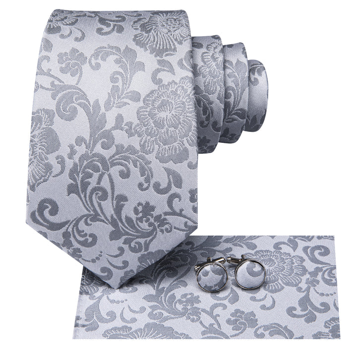 Elegant Silver Grey Floral Men's Necktie Set