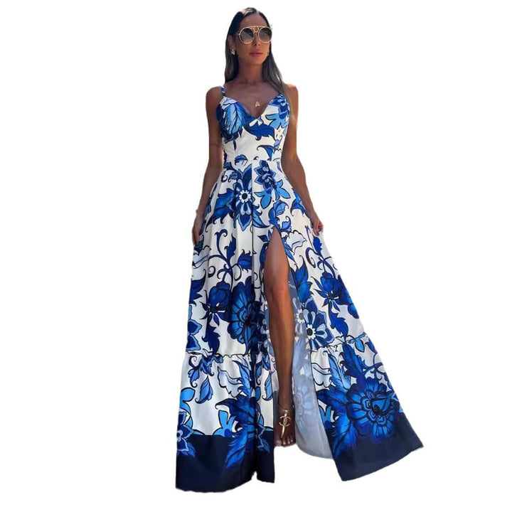 Fashion Blue Printed Sling Long Women's Dress