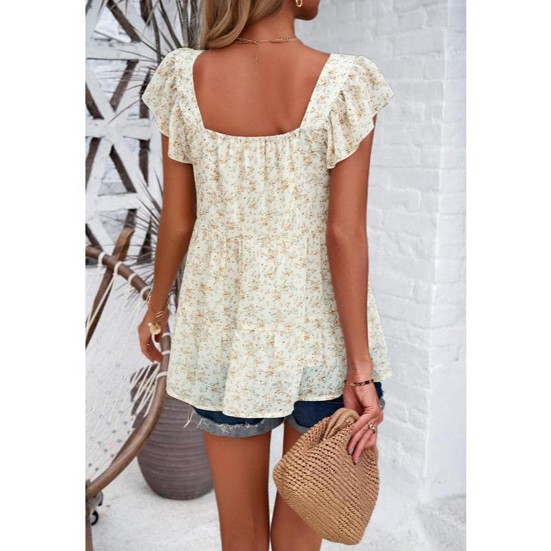 Summer Floral Square Neck Ruffled Top