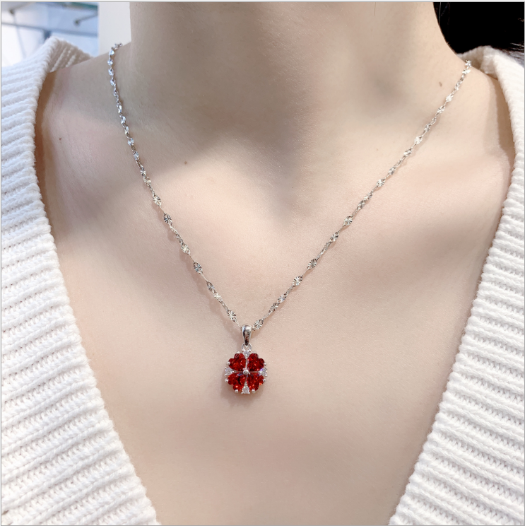 Sterling Silver Red Zircon Lucky Grass Collar Chain