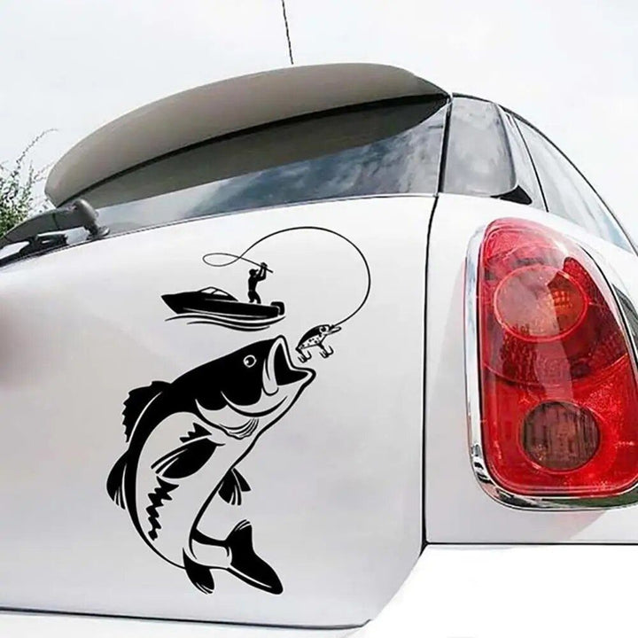 Reflective Fisherman & Fish Boat Car Decal - Waterproof PVC Vehicle Sticker